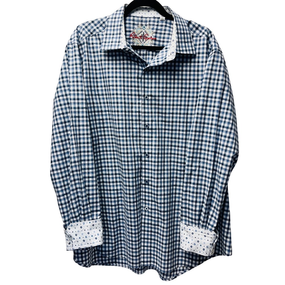 Robert Graham Dress Shirt 2XL Blue White Gingham Embroidered Preppy Flip Cuff